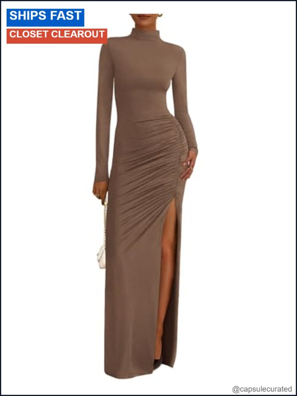 BTFBM Women Mock Neck Ruched Bodycon Long Sleeve Slit Maxi Dress